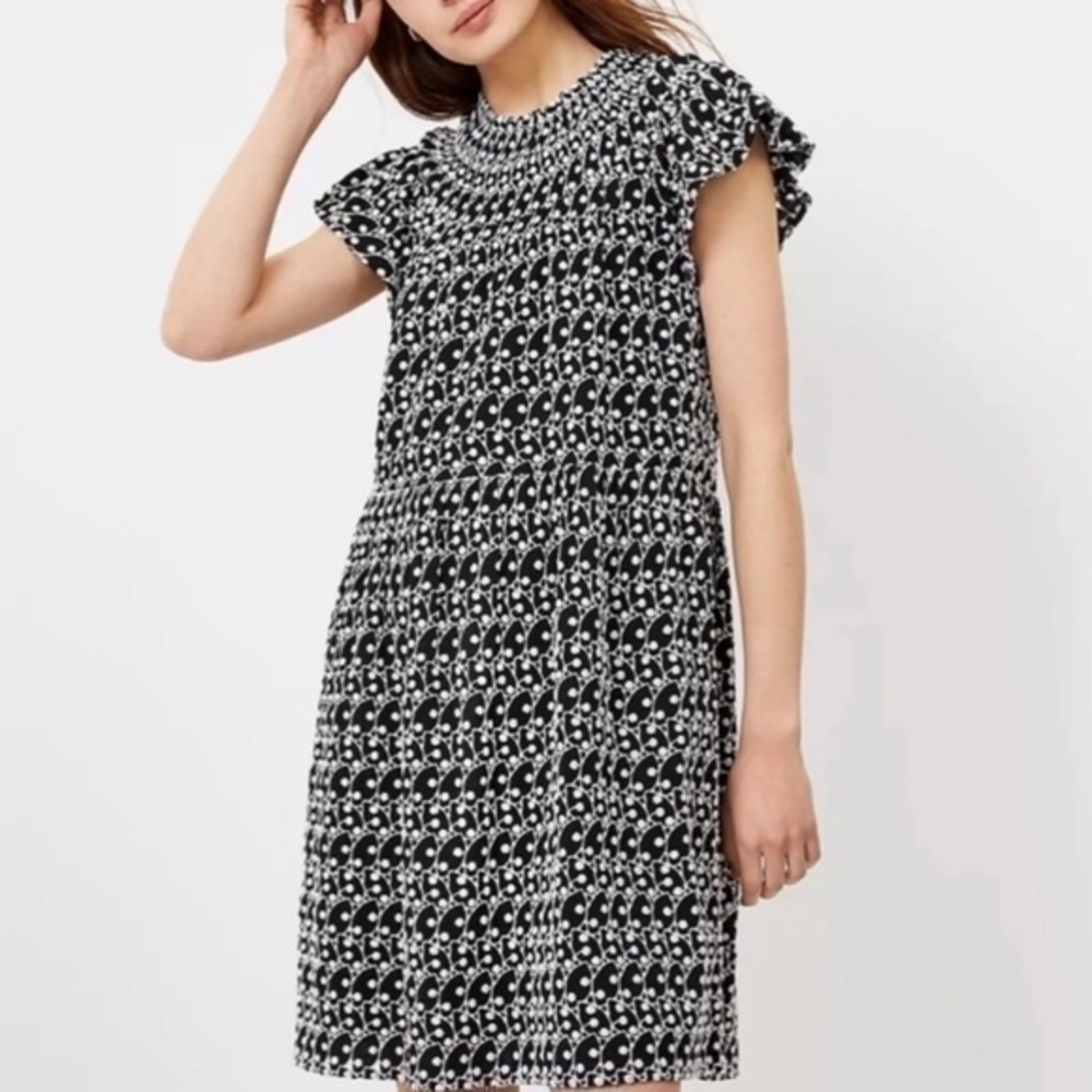 NWT LOFT Women's Black White Smocked Yoke Swing  Dress Med